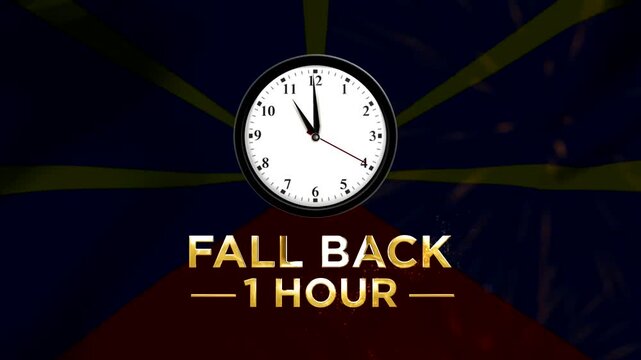 Daylight saving time fall back one hour concept with analog clock and golden typography on glowing abstract background