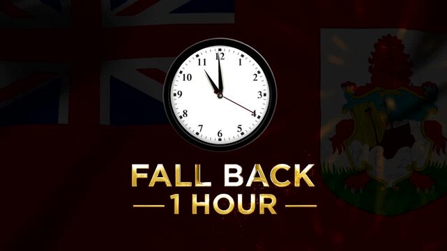 Daylight saving time fall back one hour concept with Bermuda flag background