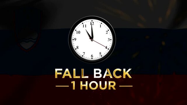 Daylight savings time change concept with Slovenian flag and wall clock