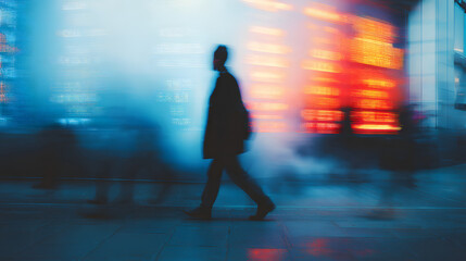 Fototapeta premium Blurred silhouette person walking city street blue orange light motion blur urban scene