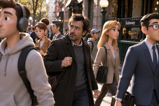 Bewildered Man Surrounded by Cartoon NPCs on a City Street, Concept of Simulation, Conformity and Individuality