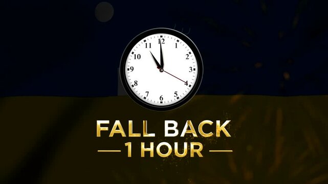 Daylight savings time concept featuring an analog wall clock showing fall back one hour text
