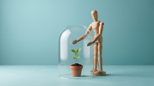 Wooden man tending to small plant in a glass dome