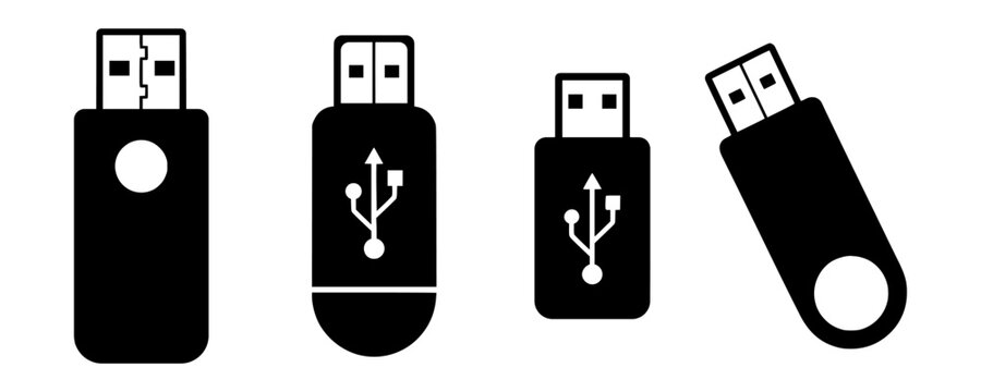 USB flash drive icon set, black minimalist memory stick silhouettes, portable data storage device symbols, digital hardware vector collection