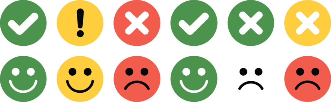 Circular status icon set, green yellow and red signals with approval error alert and feedback symbols for apps dashboards and user interfaces.