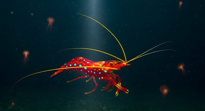 Vibrant fire shrimp with glowing spots swims in dark ocean abyss with jellyfish and light beam