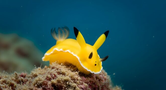 Vibrant yellow nudibranch sea slug with black tipped antennae resting on coral reef underwater