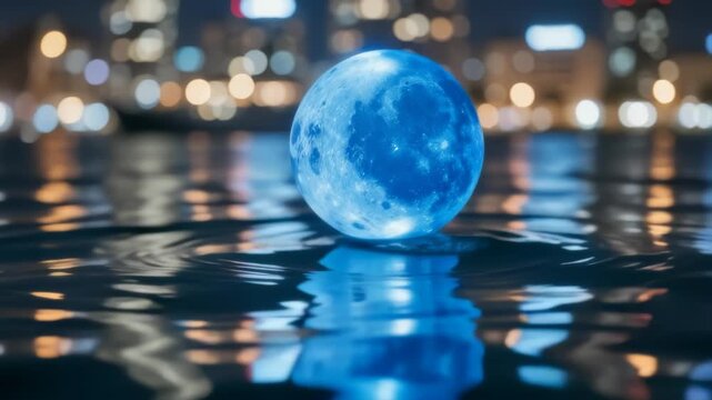 Surreal glowing blue moon above dark water with reflections and distant bokeh lights, creating a dreamy celestial night landscape
