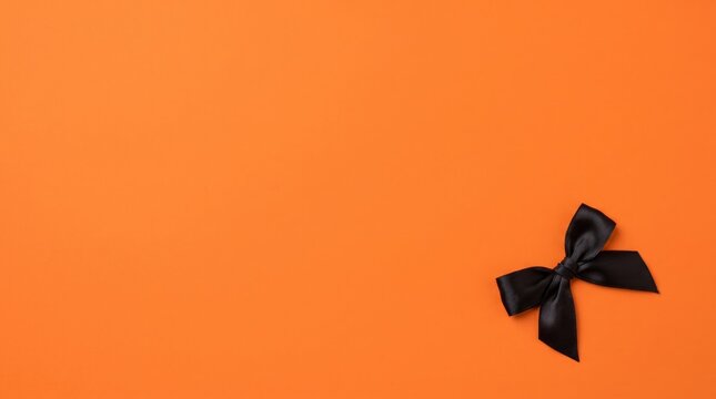 Black bow on bright orange background, festive flatlay composition