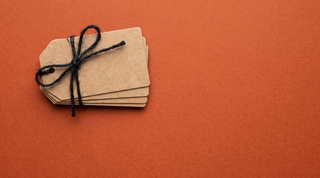 Stack of kraft cards tied with black twine on orange background