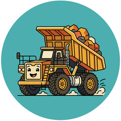 Cute Heavy Mining Dump Truck Mascot Character Carrying Rocks Vector Illustration Isolated on White Background © uddeen