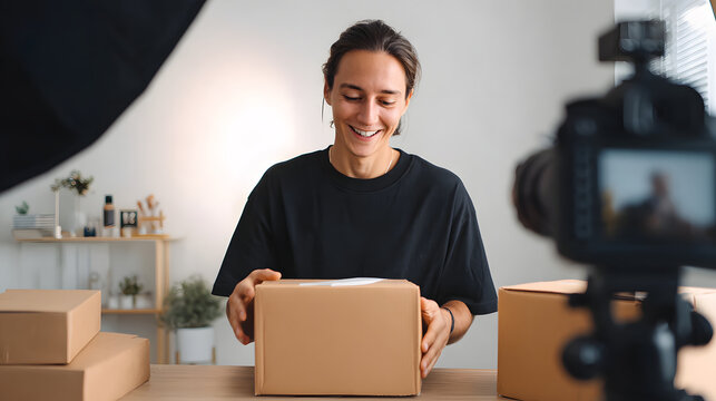 Young woman unboxing parcel for social media video in home studio with camera and cardboard box