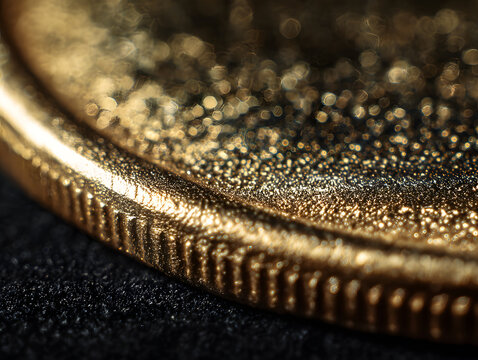 Gold coin edge macro, textured metal surface, shallow depth of field, abstract background