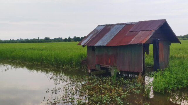 Old Wooden Farmer Hut With Rusty Zinc Roof In Flooded Rice Field, Countryside 4K