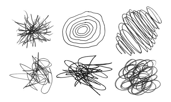 Set of hand-drawn pencil scribbles, chaotic lines and abstract doodles isolated on white
