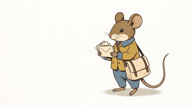 AI-generated anthropomorphic brown field mouse postal worker in sophisticated vintage paper illustration style, featuring rounded ears, cream muzzle, and long tail.