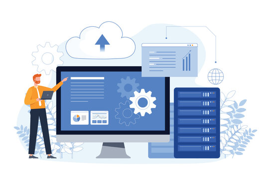 flat vector design Cloud Computing and IT Infrastructure Concept with Server, Data Management and Business Technology concept