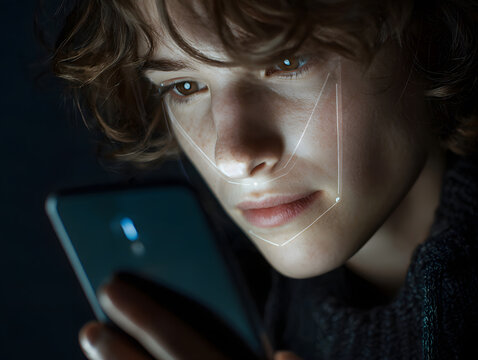 Facial recognition phone unlock with close up face scan and security technology for secure mobile access