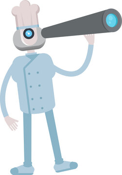 Chef Robot Character Using Binoculars
