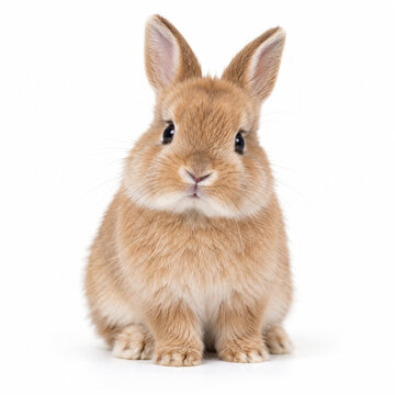 Adorable fluffy brown dwarf rabbit sitting on white background