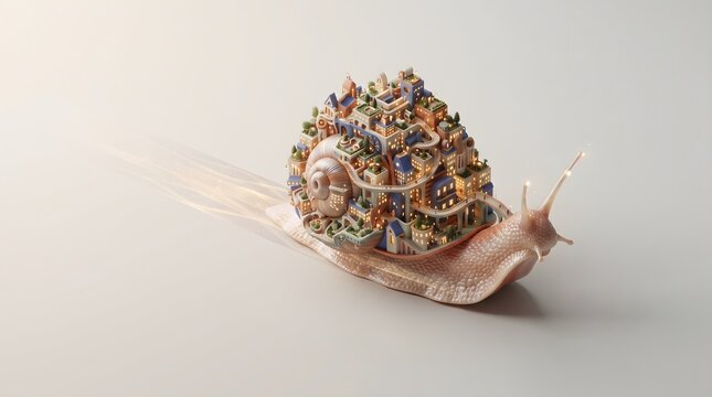 AI-generated surreal isometric snail traveling across a clean surface with its spiral shell transformed into a miniature vertical city.