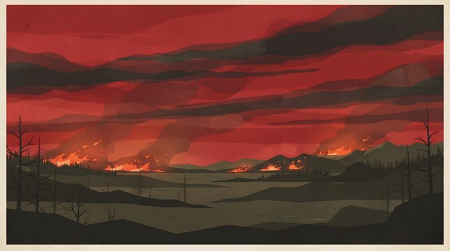 AI-generated vintage editorial landscape depicting wildfire smoke, a deep red sky, distant forest fires, and glowing orange horizons.