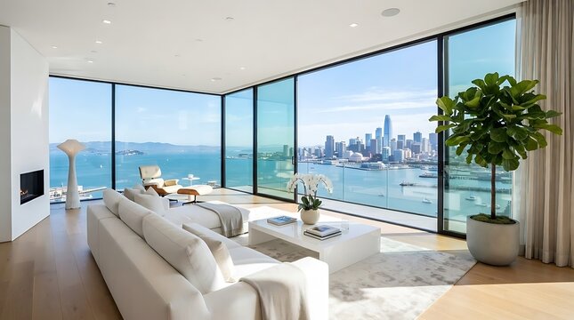 Luxury living room with city and ocean view