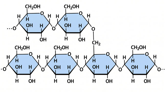 Detailed molecular representation of the branched structure of a polysaccharide (starch or glycogen) showing glucose units and glycosidic linkages.