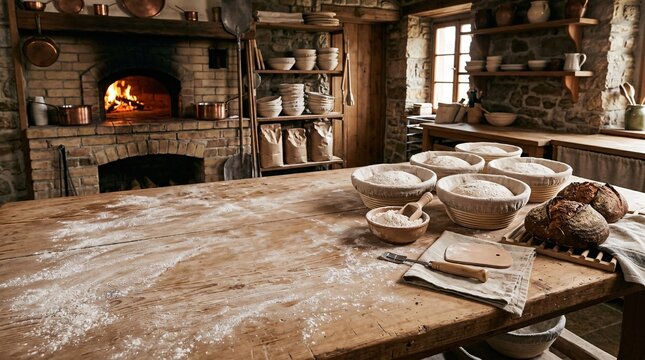 Rustic bakery kitchen with a wood-fired oven, bags of flour, and freshly baked bread on a floured wooden table. A traditional and inviting scene of baking in progress.