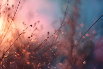 Obraz premium Wild grass flowers growing in meadow during sunset creating beautiful bokeh with pastel colors