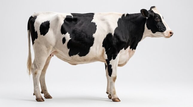 Full length side view of a black and white Holstein cow standing isolated on a white background