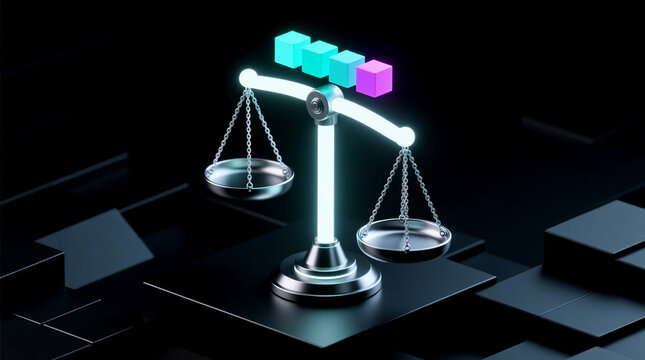Glowing digital scales balance colorful data cubes symbolizing crucial ethical assessment for Artificial intelligence governance