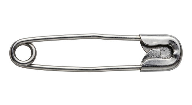 Silver metal safety pin isolated on transparent background for sewing and fashion design