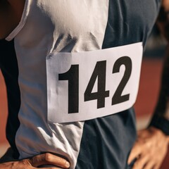 Fototapeta premium A race participant shows their marathon bib with the number 142. The event takes place outdoors with runners preparing to start.