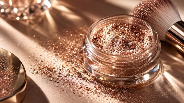 A glitter eyeshadow pot sits beside a makeup brush and scattered powder. The pressed cosmetic has a sparkling copper finish. Beauty makeup application and cosmetics product styling.