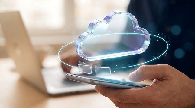 Hand holding smartphone showing cloud storage icon and digital file synchronization representing cloud computing and mobile data management in business technology environment