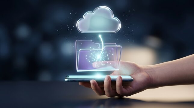 Digital cloud storage concept with file folder icon and glowing data particles hovering above modern smartphone held by person for secure cloud computing and data backup solutions