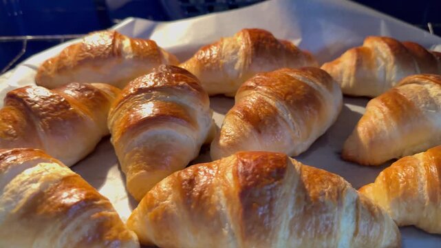 Fresh golden croisant in oven