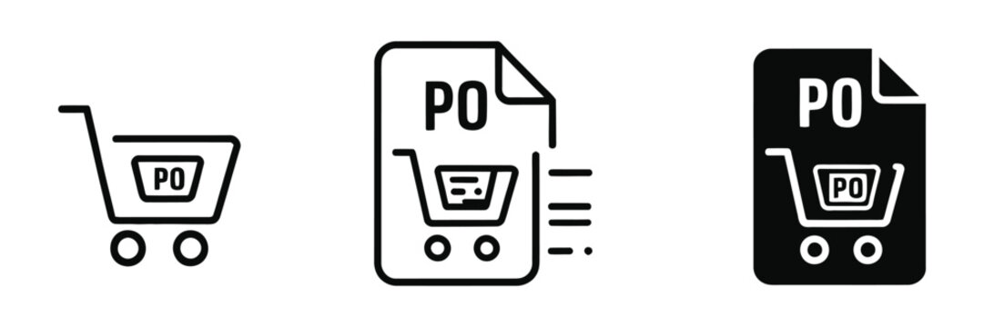Purchase order icon set, po document with shopping cart symbol, commercial procurement, order confirmation, business purchasing, vector graphics