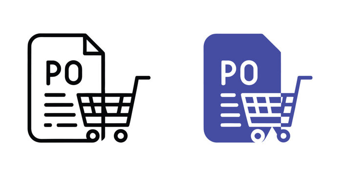 Purchase order icon set, po document with shopping cart symbol, commercial procurement, order confirmation, business purchasing, vector graphics