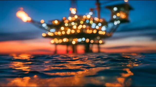 Offshore oil platform engulfed in flames over the ocean at dusk, depicting industrial fire, maritime emergency, energy disaster and environmental hazard