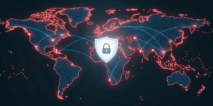 Digital security concept with a world map and padlock symbol representing cybersecurity in global networks
