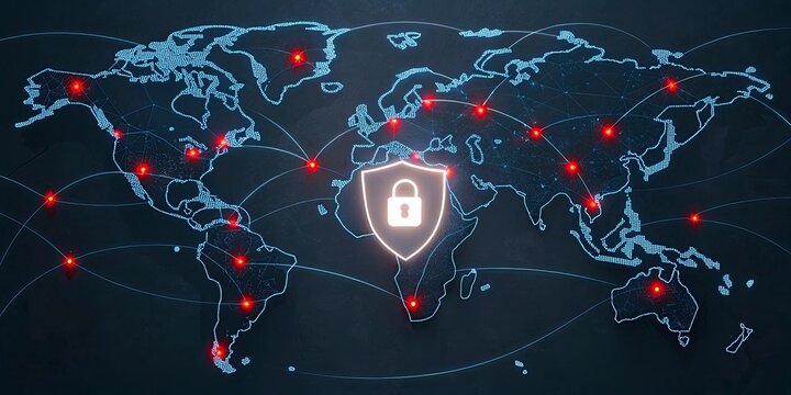Digital security concept with a world map and padlock symbol representing cybersecurity in global networks