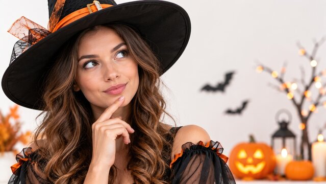 Thoughtful Young Woman Wearing Witch Costume with Halloween Decorations and Pumpkins
