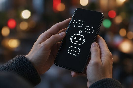 Hands holding smartphone with AI chatbot app and chat bubbles on screen