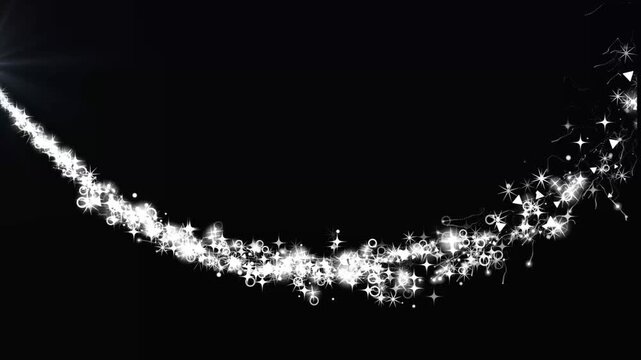 Magical golden stardust trail with luxury glitter stars, glowing light particles, sparkling fairy shimmer, elegant comet line effect, smooth curved motion and seamless 4k animation on black
