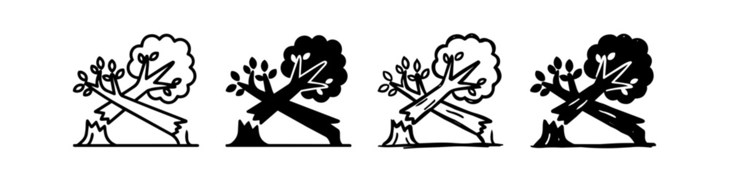 Set of fallen tree icons in doodle line art and solid silhouette styles. Vector symbols representing storm damage, broken trunk, deforestation, and natural disaster.