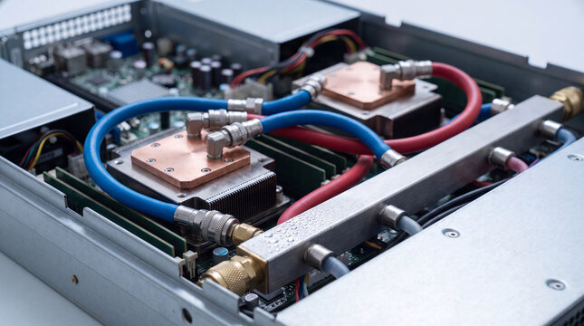 Advanced Liquid Cooling System for Server: A close-up view showcases an intricate liquid cooling system installed within a server chassis.