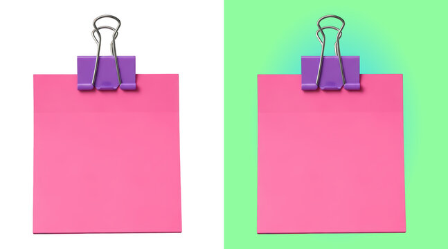 Pink sticky notes attached with purple binder clips