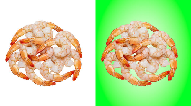 Fresh peeled shrimp arranged in circular patterns